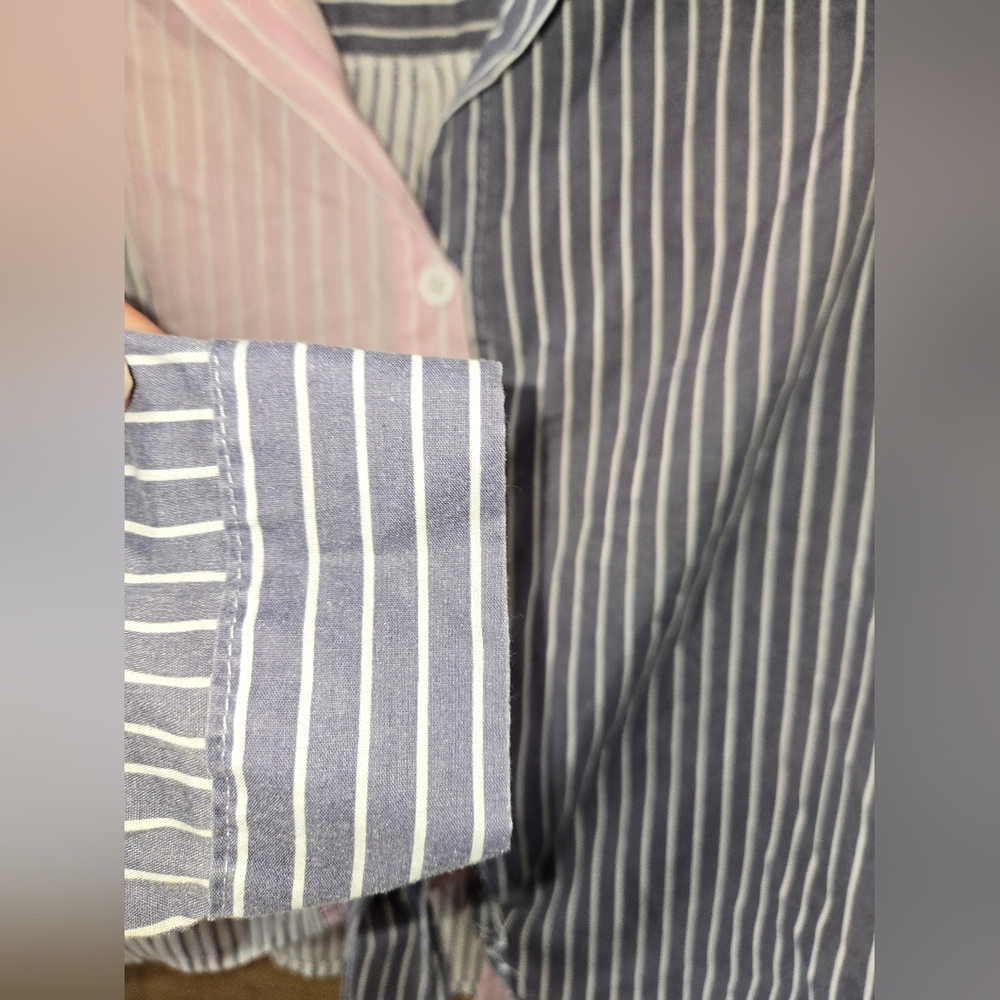Women's No Frills Pink and Blue Stripe Cropped Tie Button-Up Shirt Size M - Picture 3 of 11